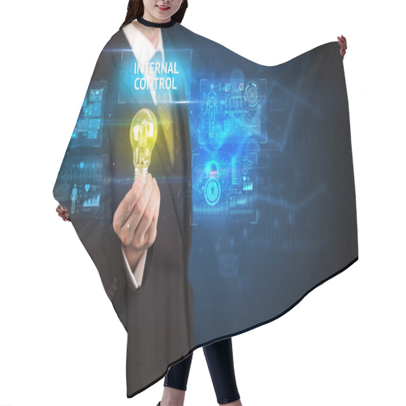 Personality  Businessman Holding A Light Bulb, Online Security Concept Hair Cutting Cape