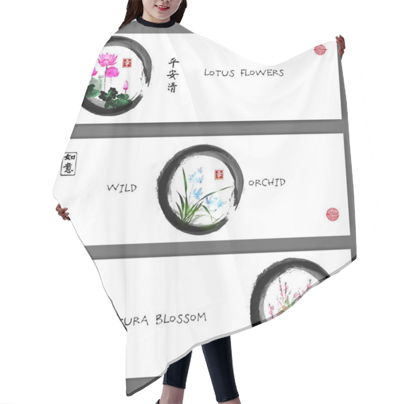 Personality  Three Banners With Lotus And Orchid With Sakura Hair Cutting Cape