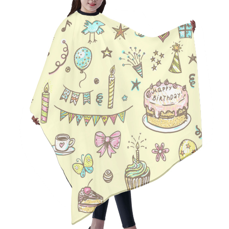 Personality  Birhday Elements. Hand Drawn Set Hair Cutting Cape