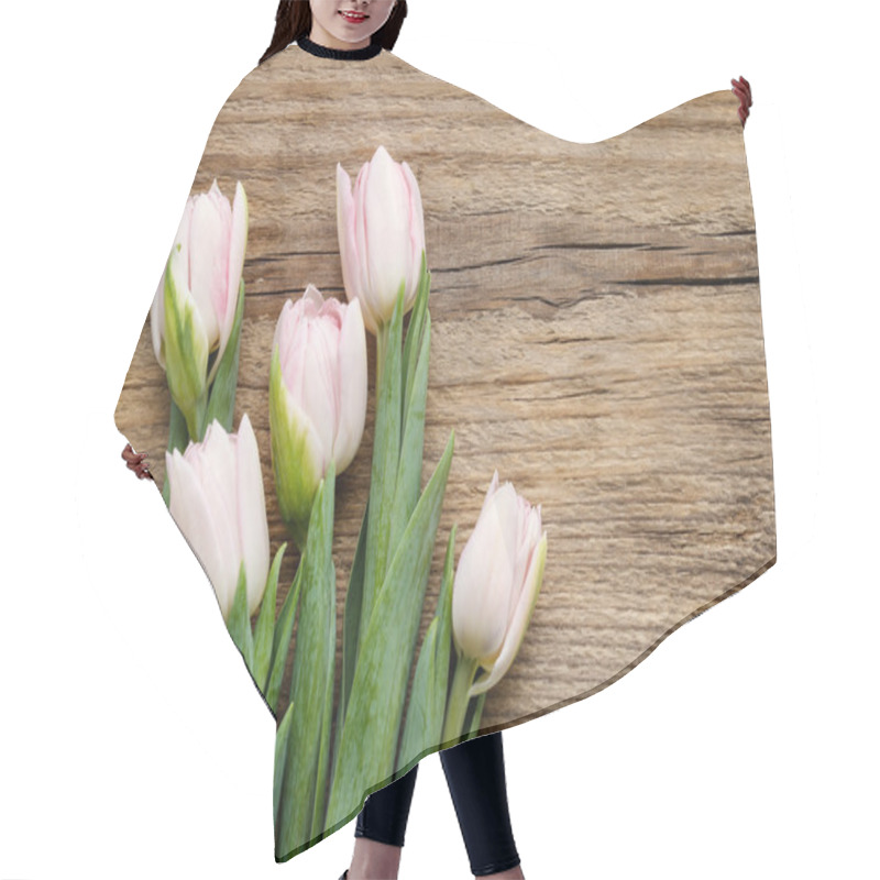 Personality  Beautiful Pink And White Tulips On Wooden Background Hair Cutting Cape