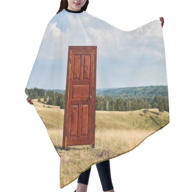 Personality  Object Photo Of Red Contemporary Wooden Closed Doors In Green Spring Field, Scenic Landscape Hair Cutting Cape