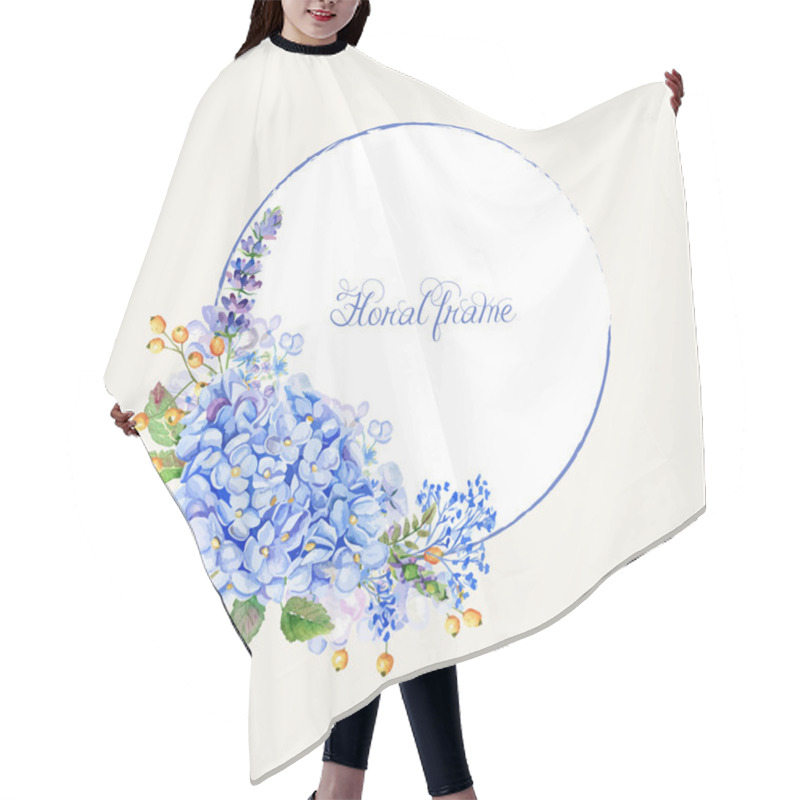 Personality  Vector Round Frame Of Blue Hydrangea And Other Flowers. Hair Cutting Cape