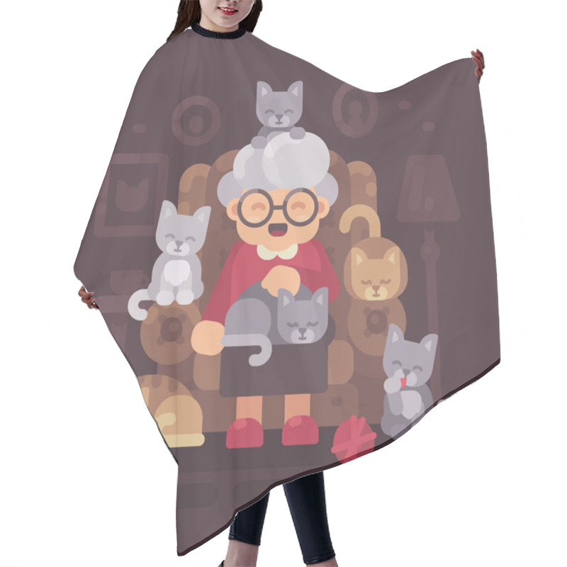 Personality  Cute Granny Sitting In Armchair With Her Cats. Old Cat Lady With Five Kittens Flat Illustration Hair Cutting Cape