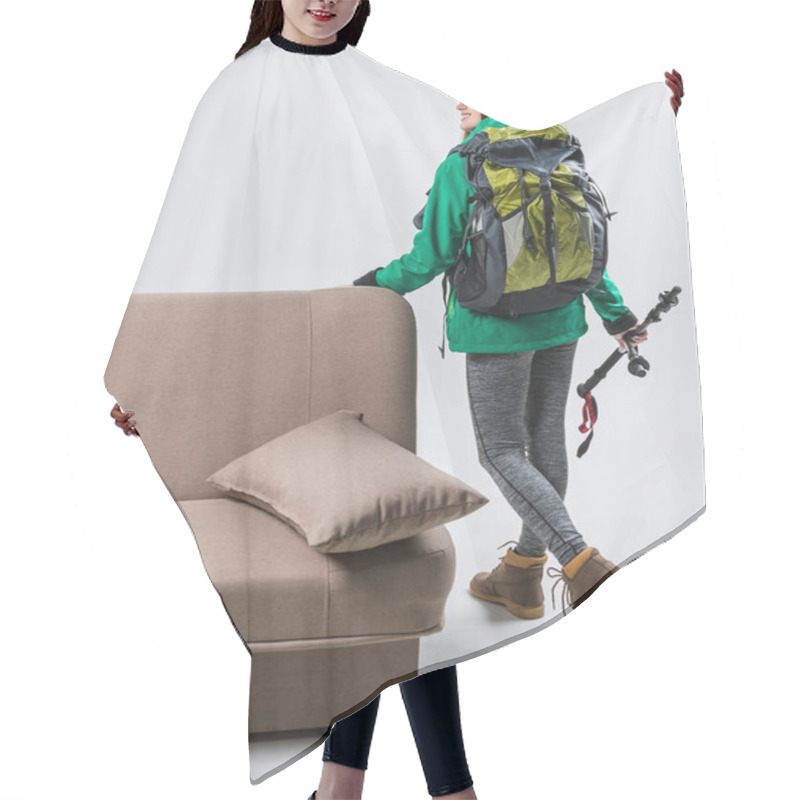 Personality  Young Happy Hiker In Warm Clothing With Backpack Ready To Travel Hair Cutting Cape