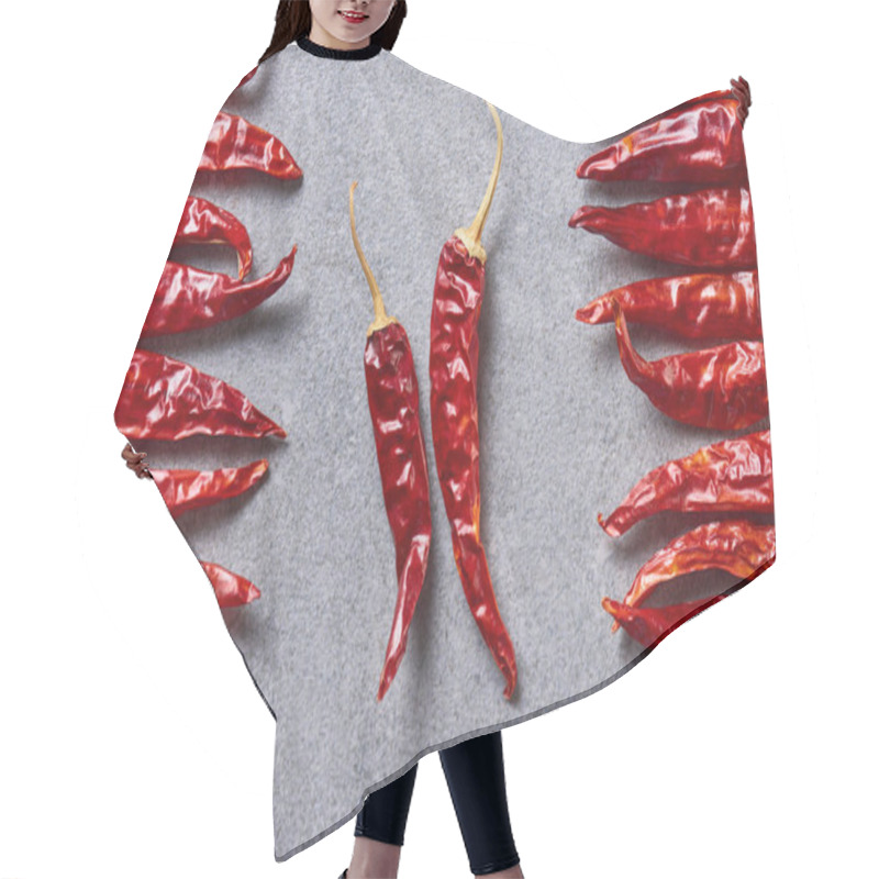 Personality  Top View Of Dried Red Chili Peppers Arranged On Grey Tabletop Hair Cutting Cape