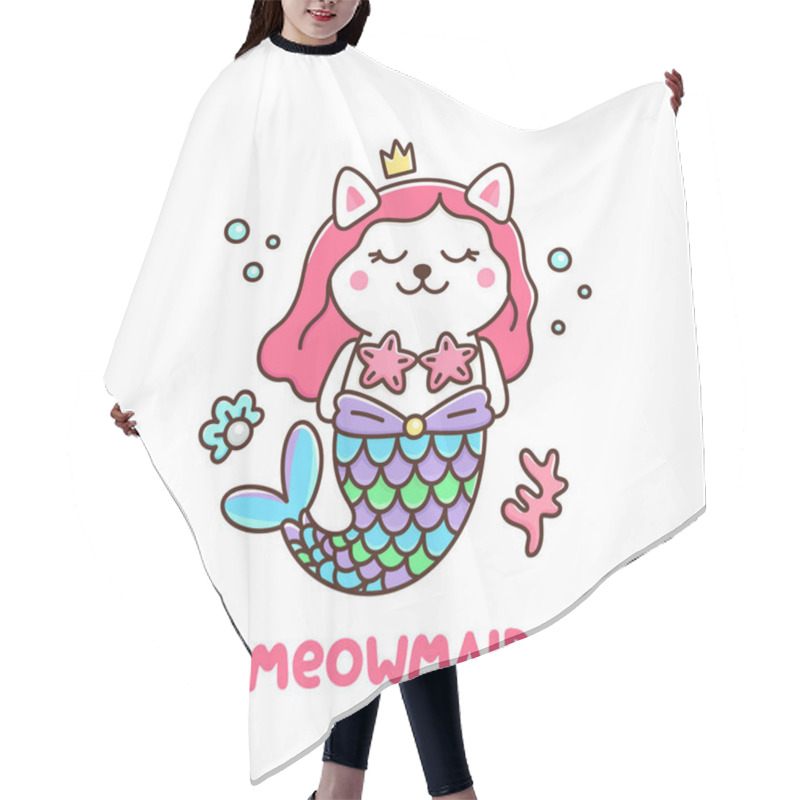 Personality  Cute White Cat In A Mermaid Costume. With Tail Of A Mermaid, Crown, Pearl, Shell, Coral And Starfish. Meowmaid - Wordplay Meow And Mermaid. It Can Be Used For Sticker, Patch, Phone Case, Poster, T-shirt, Mug And Other Design. Hair Cutting Cape