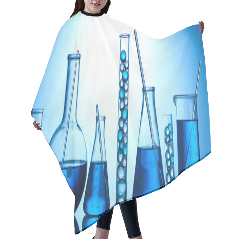 Personality  Test-tubes With Blue Liquid On Blue Background Hair Cutting Cape