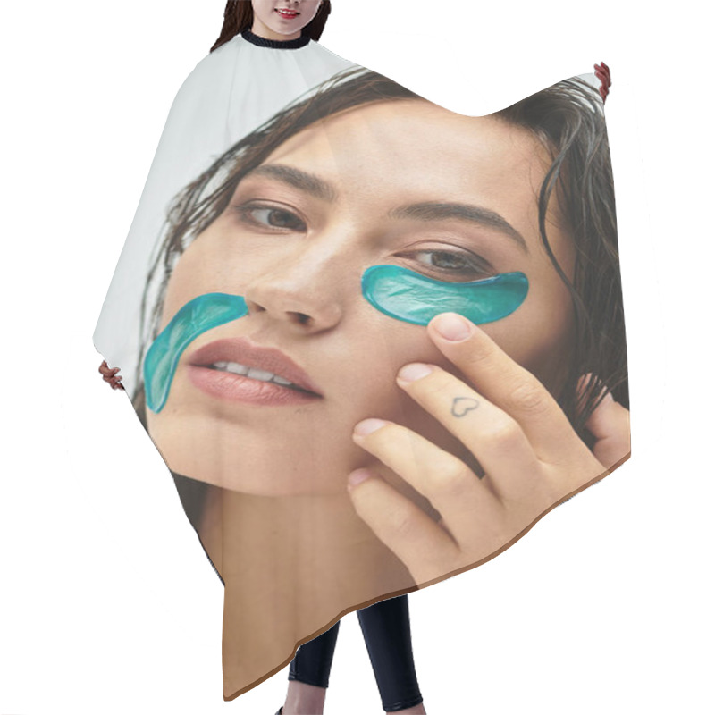 Personality  The Woman Enjoys A Moment Of Self Care With Soothing Gel Eye Patches Rejuvenating Her Skin. Hair Cutting Cape