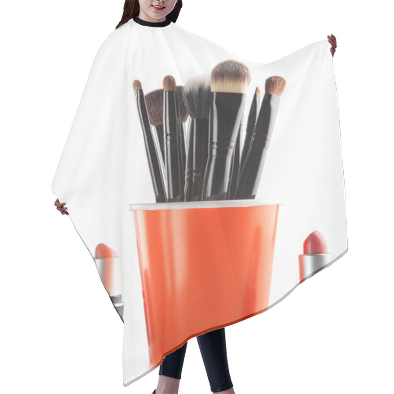 Personality  Cosmetic Brushes In Orange Cup And Lipsticks Hair Cutting Cape