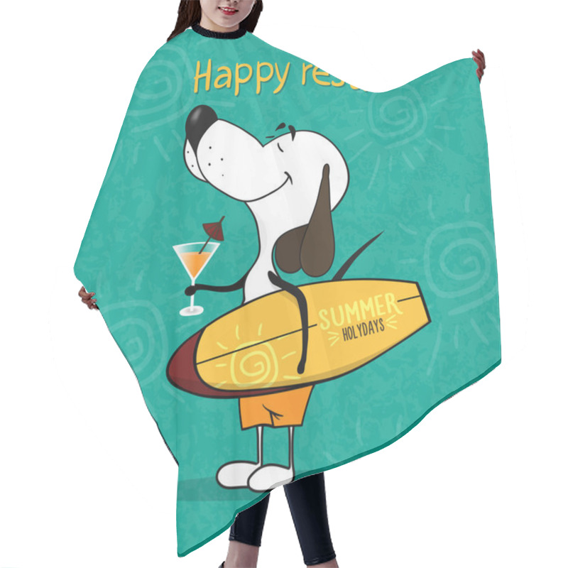 Personality  Cartoon Happy Dog Holding A Surfboard And A Cocktail. Postcard With The Wish Of A Happy Holiday. Vector Illustration Of Funny Hair Cutting Cape