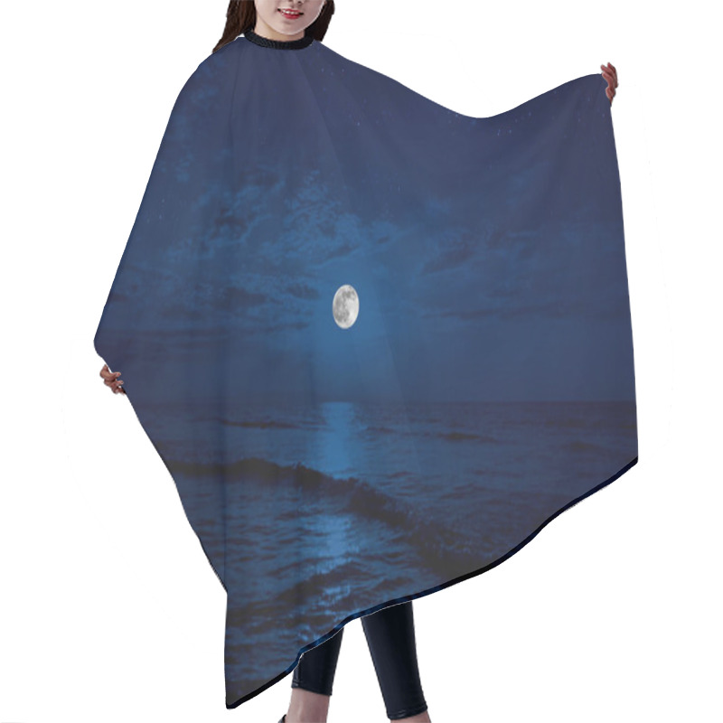 Personality  Full Moon Rising Over Sea At Night With Copy Space. Big Full Moon Reflecting In A Sea Hair Cutting Cape