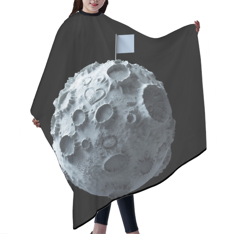 Personality  Moon With Craters Heart Scratched Surface And Blank Flag On Top. High Quality Rendering. Isolated. Hair Cutting Cape