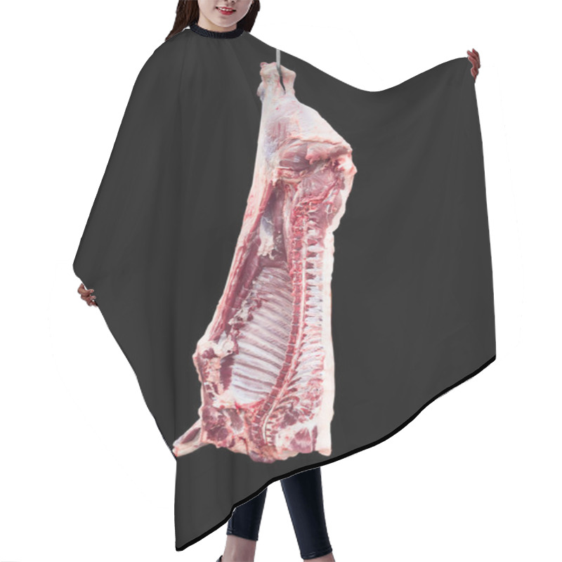 Personality  Meat Industry. Beef Meat Hanging. Cut And Hanged On Hook In A Slaughterhouse Isolated On A Black Background. Fresh Lamb And Raw Meat. Row Carcass Isolated.  Hair Cutting Cape