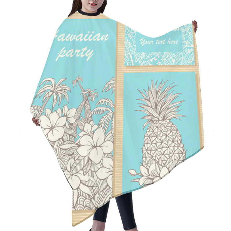 Personality  Invitation Cards For A Party In Hawaiian Style With Hand-drawn Flowers, Palm Trees And Pineapple Hair Cutting Cape