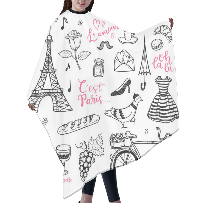 Personality  Doodle Vector Set With Hand Drawn Paris, France Symbols. Hair Cutting Cape