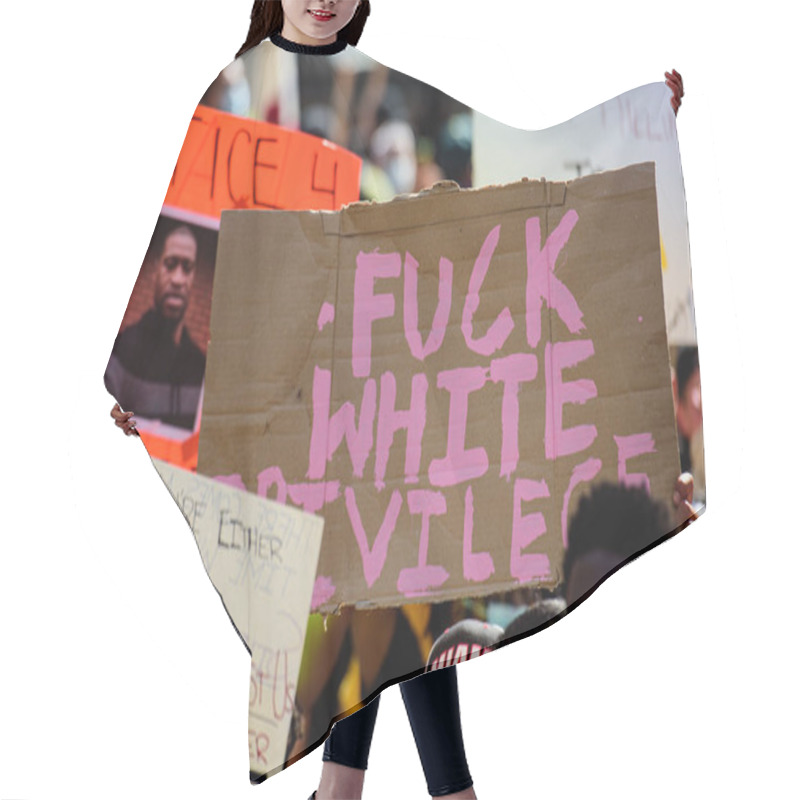 Personality  Miami Downtown, FL, USA - MAY 31, 2020: Against White Privilege Poster. Justice For George Floyd. Peaceful Protests After Floyd Death. Hair Cutting Cape