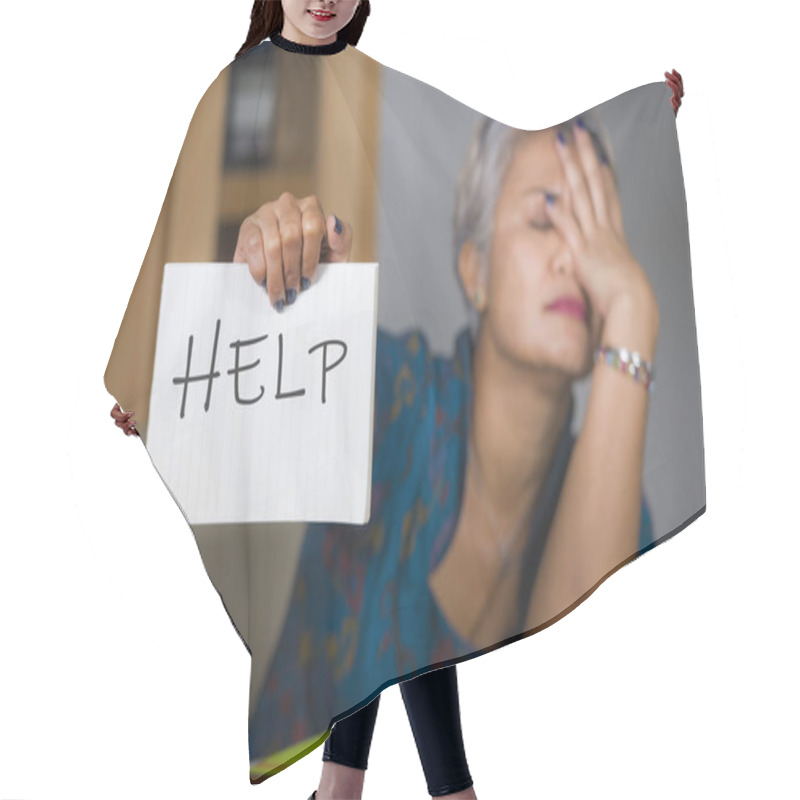 Personality  Desperate And Stressed Attractive Middle Aged Asian Woman Holding Notepad Asking For Help Feeling Overworked And Exploited Working At Computer Office Desk Suffering Stress Hair Cutting Cape