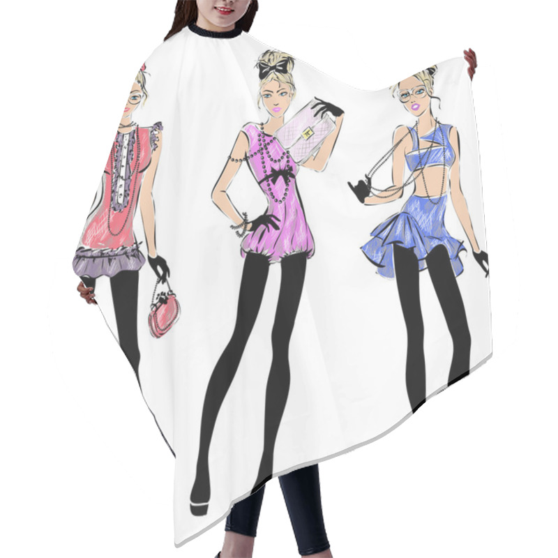 Personality  Street Fashion Woman Models In Sketch Style Hair Cutting Cape