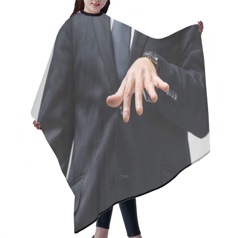 Personality  Cropped View Of Businessman In Suit Manipulating With Hand Isolated On Grey Hair Cutting Cape