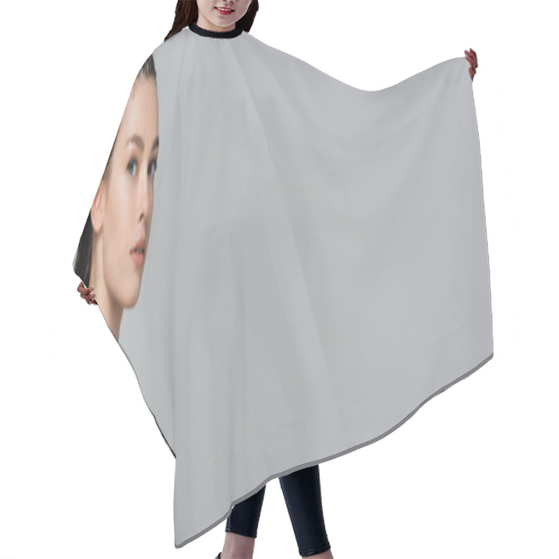 Personality  Young Woman With Foamy And Wet Hair Touching Bare Shoulder Isolated On Grey, Banner  Hair Cutting Cape