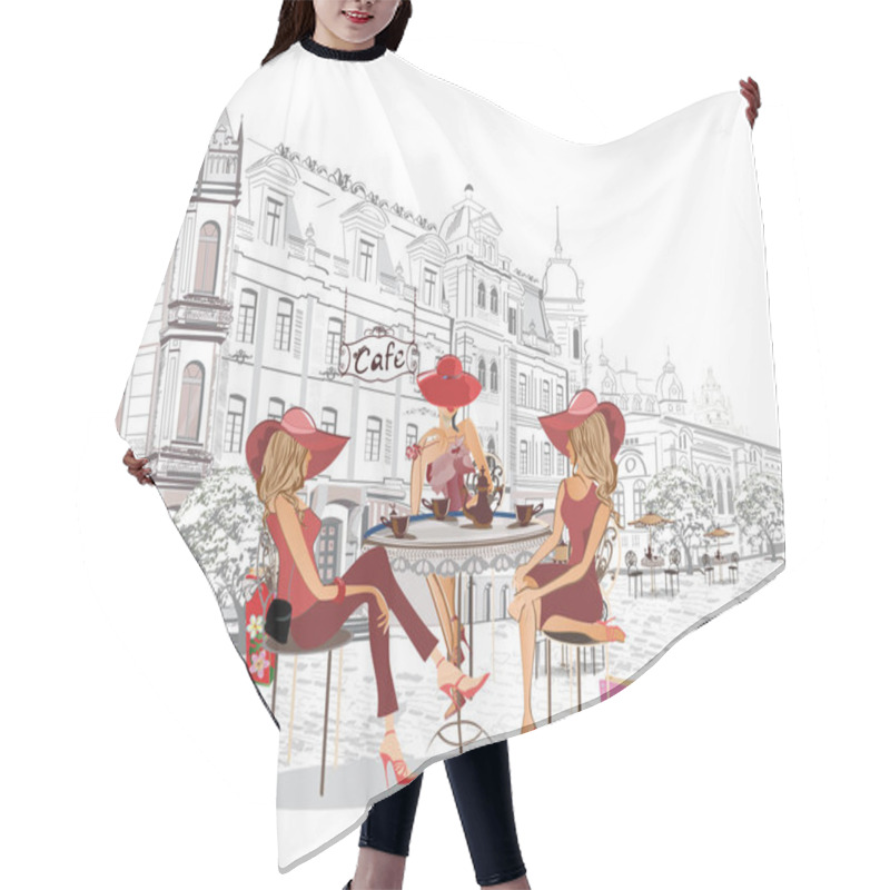 Personality  Series Of The Street Cafes With People, Men And Women, In The Old City, Vector Illustration. Waiters Serve The Tables.  Hair Cutting Cape