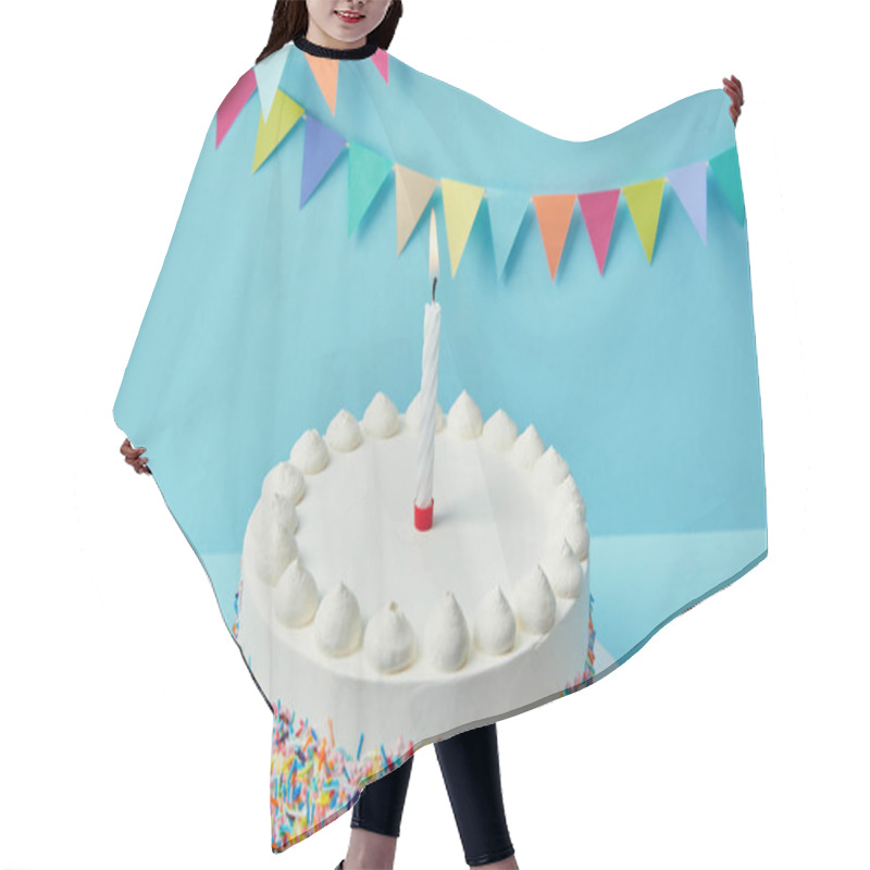 Personality  Candle On Birthday Cake With Sugar Sprinkles On Blue Background With Bunting Hair Cutting Cape