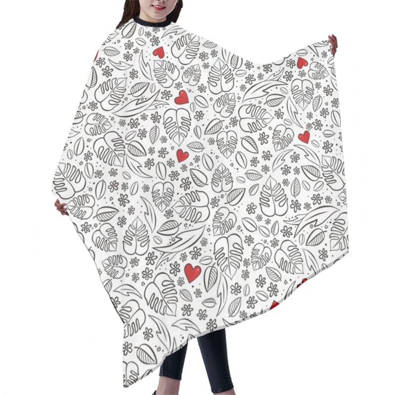 Personality  Secret Garden Monochrome Spring Summer Floral Seasonal Messy Seamless Pattern With Red Hearts On White Hair Cutting Cape