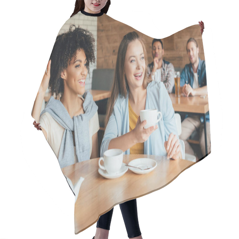 Personality  Young Women Having Tea In Cafe Hair Cutting Cape