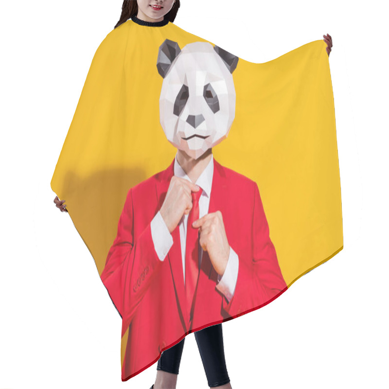 Personality  Photo Of Successful Panda Bear Guy Adjust Tie Wear Mask Head Red Suit Tie Isolated On Yellow Color Background Hair Cutting Cape