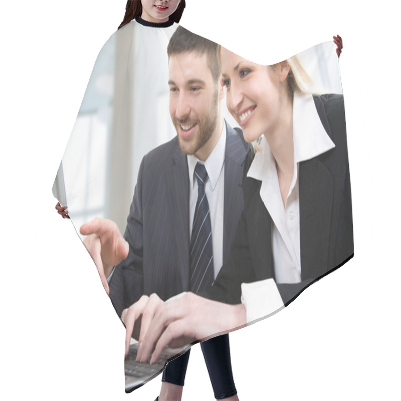 Personality  Two Colleagues Using Lap-top Hair Cutting Cape