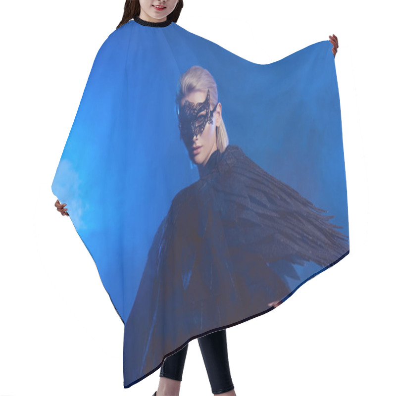 Personality  Beautiful Mysterious Woman With Lace Mask And Black Angel Wings On Dark Blue Background With Copy Space Hair Cutting Cape