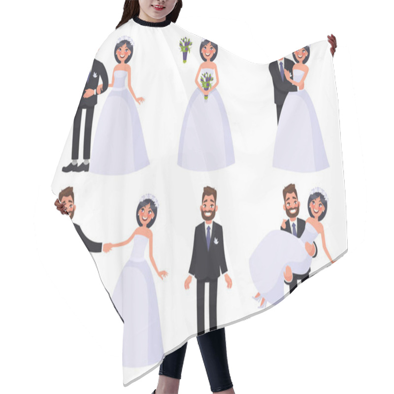 Personality  Set Of Characters Bride And Groom. Newlyweds Dancing, Holding Ha Hair Cutting Cape