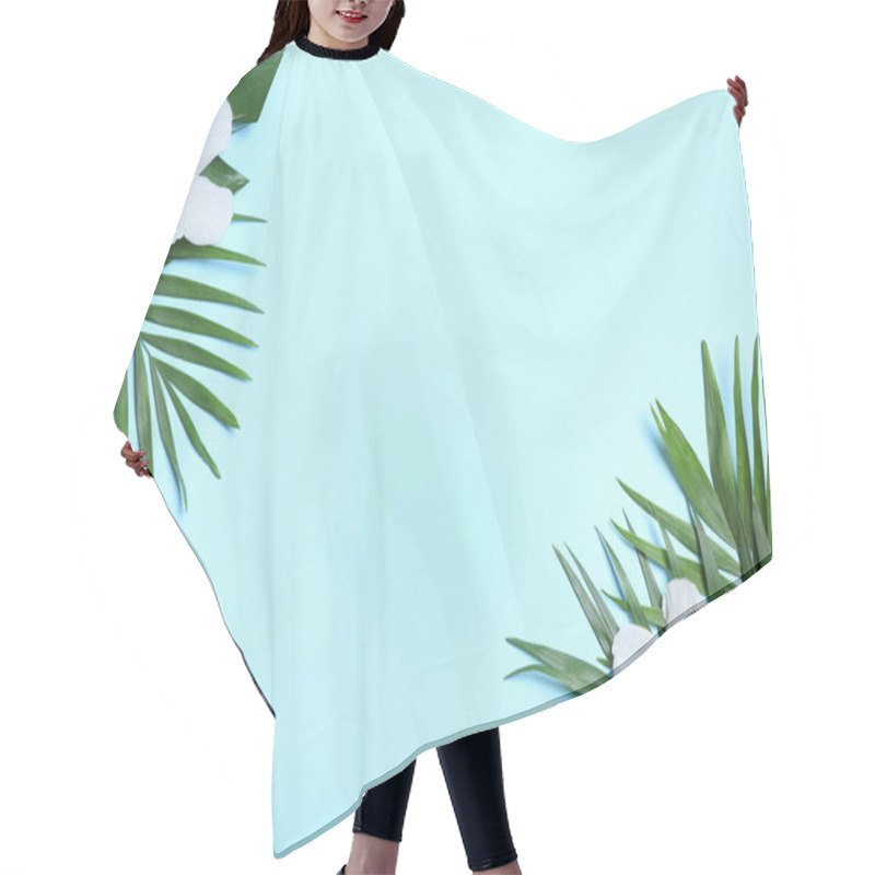 Personality  Flat Lay Composition With Tropical Leaves And Hibiscus Flowers On Blue Background. Space For Text Hair Cutting Cape