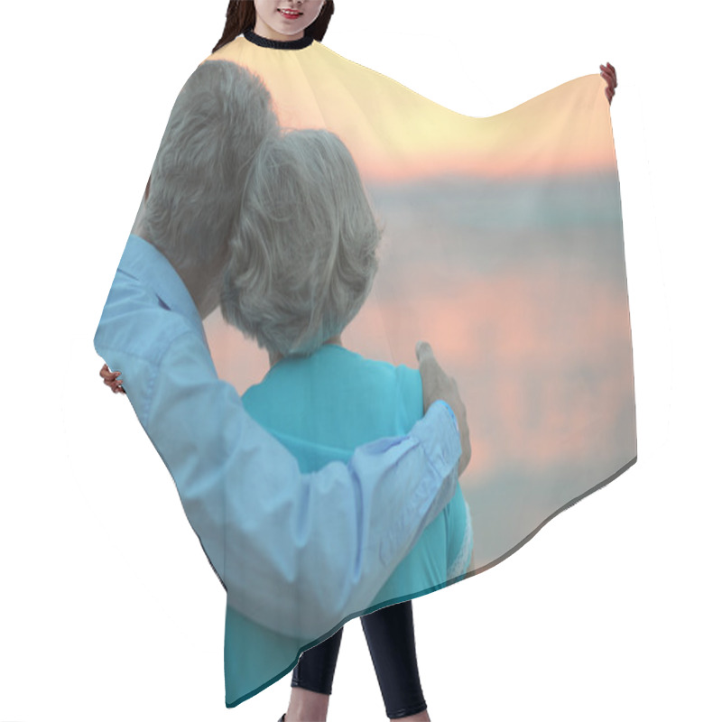 Personality  Elderly Couple  At Sunset Hair Cutting Cape