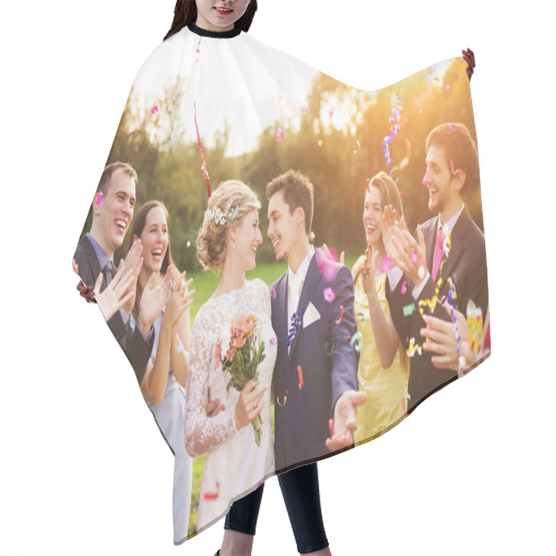 Personality  Newlywed Couple And Their Friends Hair Cutting Cape