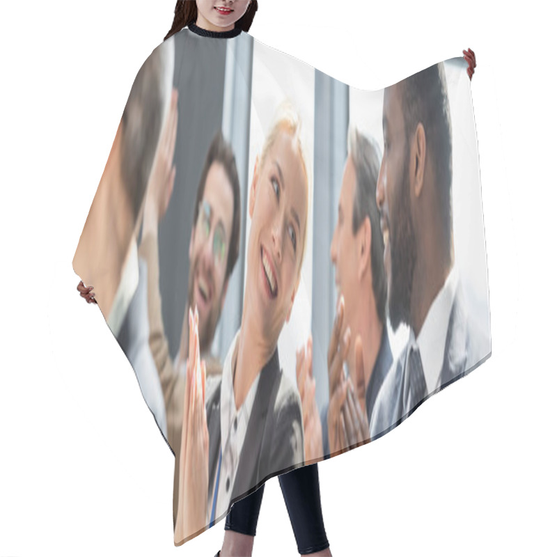 Personality  Selective Focus Of Young Businesswoman Applauding Together With Interracial Colleagues During Seminar, Banner Hair Cutting Cape