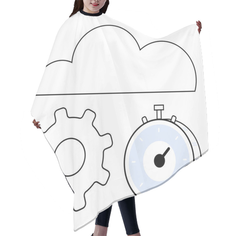 Personality  Cloud Above Gear And Stopwatch Symbolizing Technology, Speed, And Productivity. Ideal For Tech Innovation, Efficiency, Cloud Computing, Automation, Time Management, Workflows Abstract Line Flat Hair Cutting Cape