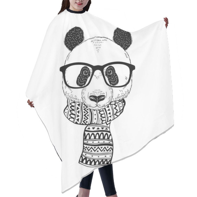 Personality  Panda Hipster Portrait In Glasses And Ornate Knitted Scarf. Hand Drawn Vector Illustration Hair Cutting Cape