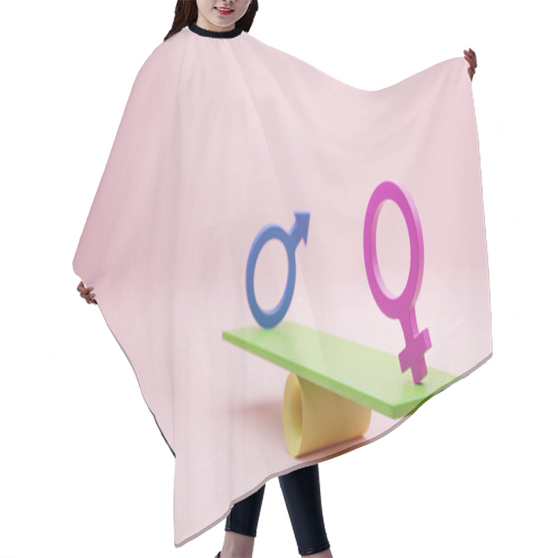 Personality  Pink Woman Sign And Blue Man Sign On Balance Seesaws For Business Equality Human Rights And Gender Concept Using. Illustration 3D Hair Cutting Cape