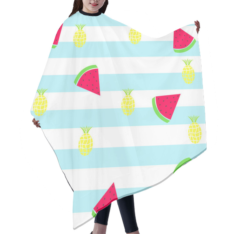 Personality  Slice Watermelon And Pineapple On Striped Blue Background Hair Cutting Cape