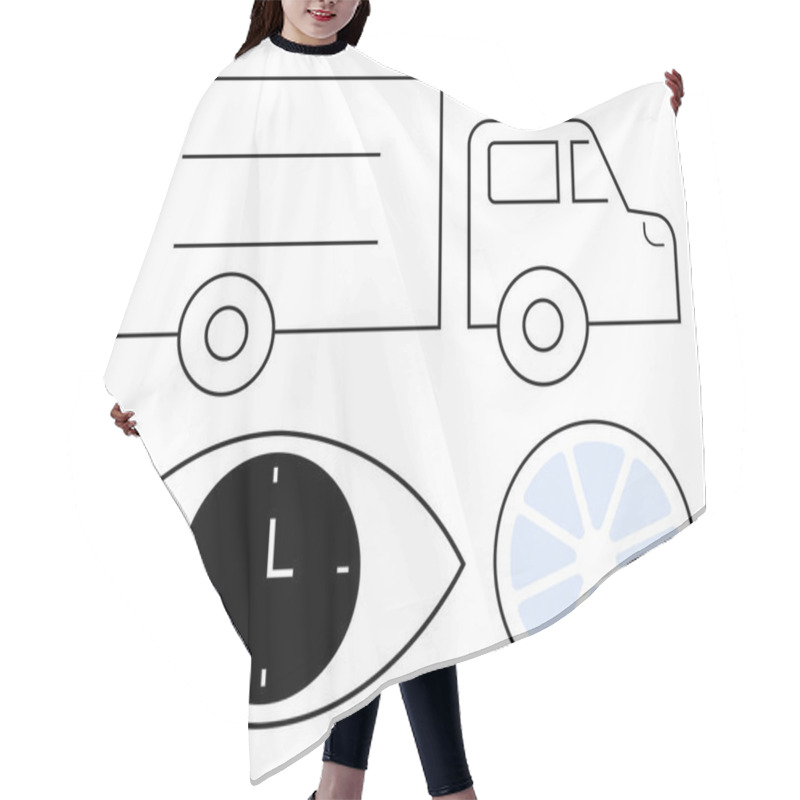 Personality  Truck Outline With Two Wheels, An Eye With A Clock Face In The Pupil, And A Segmented Circular Motif. Ideal For Logistics, Delivery, Efficiency, Vision, Time Management, Focus Abstract Line Flat Hair Cutting Cape