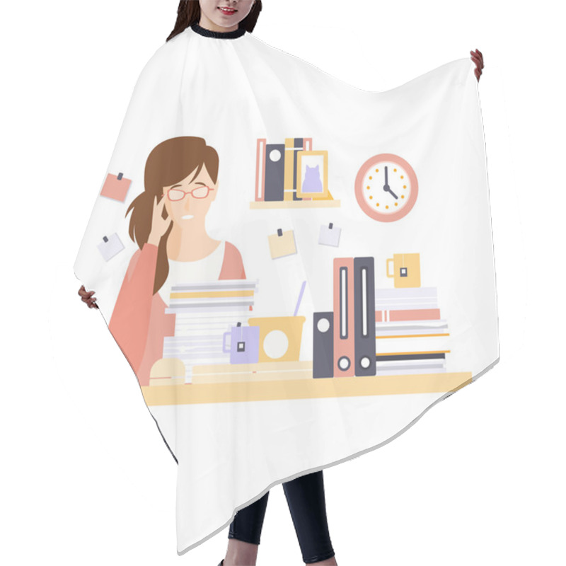 Personality  Woman Office Worker In Office Cubicle With Too Much Work Having Her Daily Routine Situation Cartoon Character Hair Cutting Cape