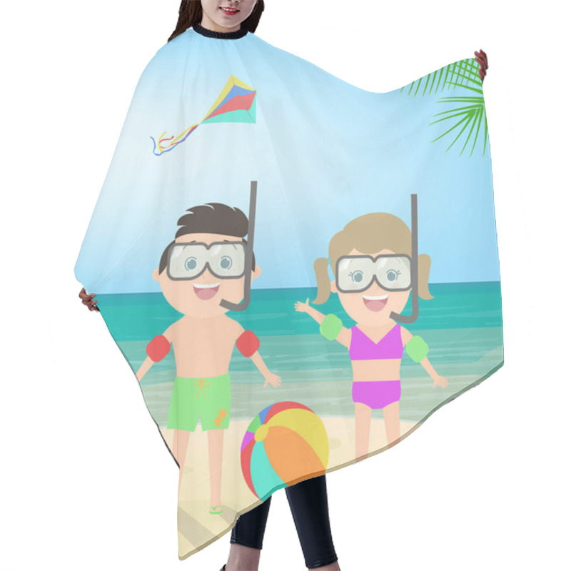 Personality  Summer Beach Holiday. Boy And Girl In Scuba Mask At The Beach. Diving. Sea Landscape, Vector Cartoon Hair Cutting Cape