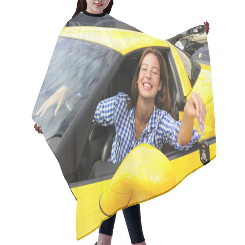 Personality  Woman Showing Keys Of Her New Sports Car Hair Cutting Cape