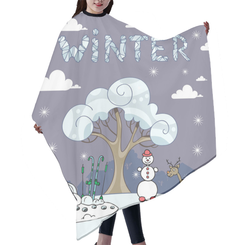 Personality  Vector Illustration With Winter Landscape Hair Cutting Cape