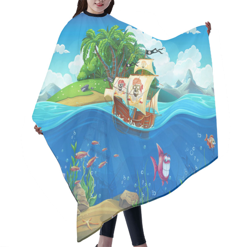 Personality  Piirate Ship On Background Of Tropical Island Hair Cutting Cape