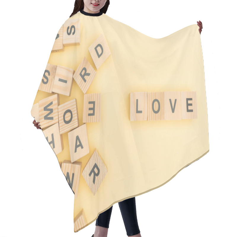 Personality  Top View Of Love Lettering With Wooden Cubes On Yellow Background Hair Cutting Cape