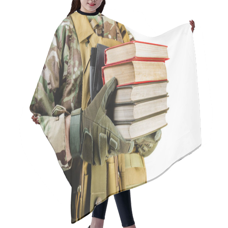 Personality  Isolated Photo Of A Soldier In Uniform Holding Stack Of Books On White Background, Side View. Hair Cutting Cape