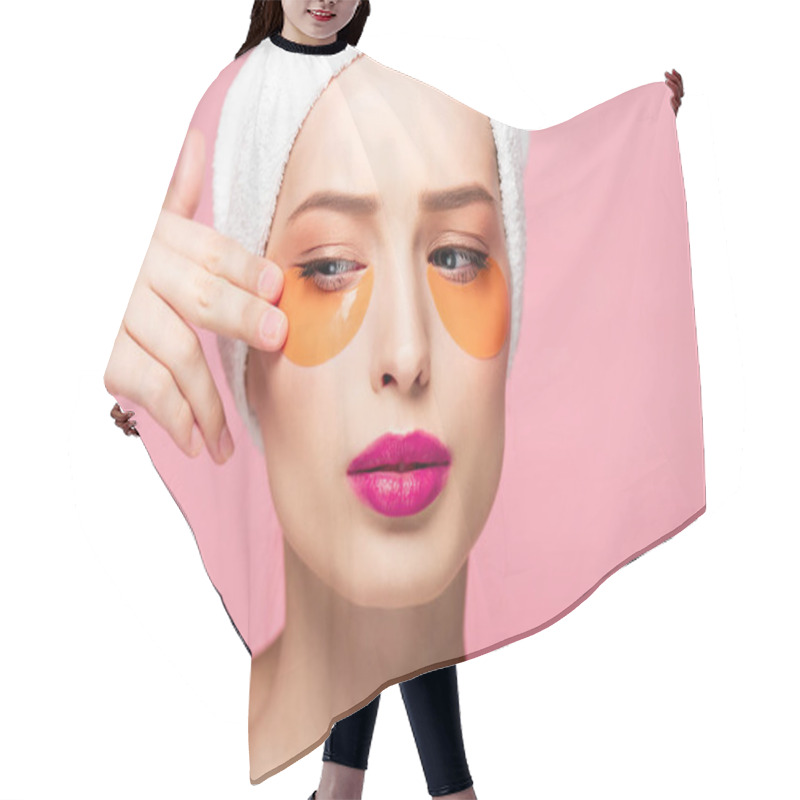 Personality  Pretty Girl Touching Face With Eye Patches Isolated On Pink  Hair Cutting Cape