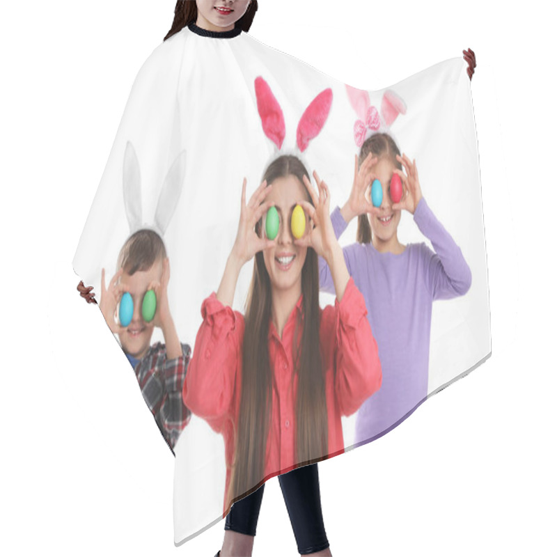 Personality  Cute Family In Bunny Ears Headbands With Easter Eggs Near Eyes On White Background Hair Cutting Cape